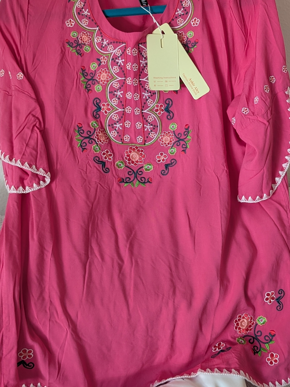Boho Pink Floral Embroidered Tunic Cotton NWT Sz. L